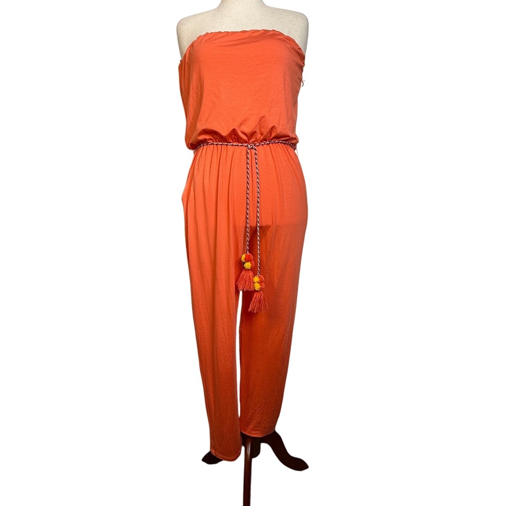 Trina‎ Turk Jumpsuit Strapless Pockets Belted Orange Casual Size L